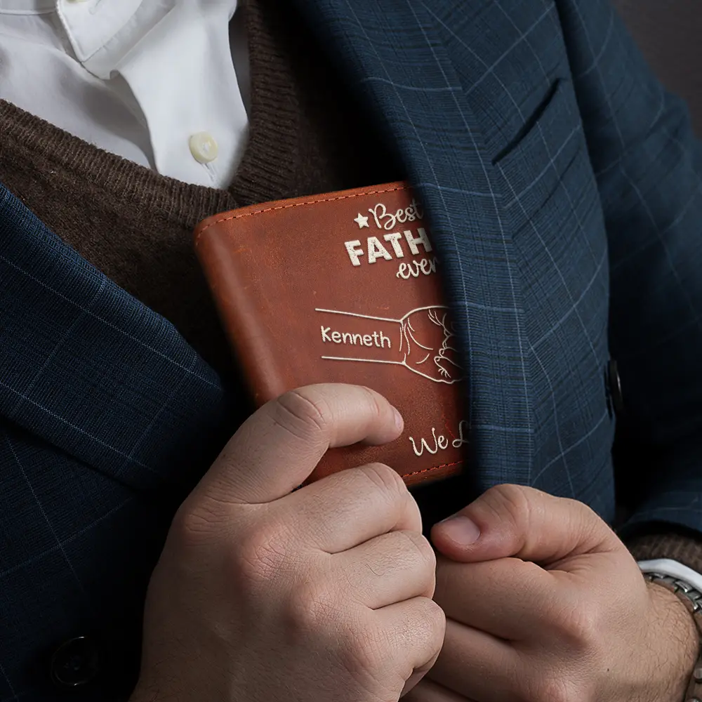 Best Dad Grandpa Ever Fist Bump - Personalized Leather Wallet For Men - Gift For Dad, Grandpa - Image 4