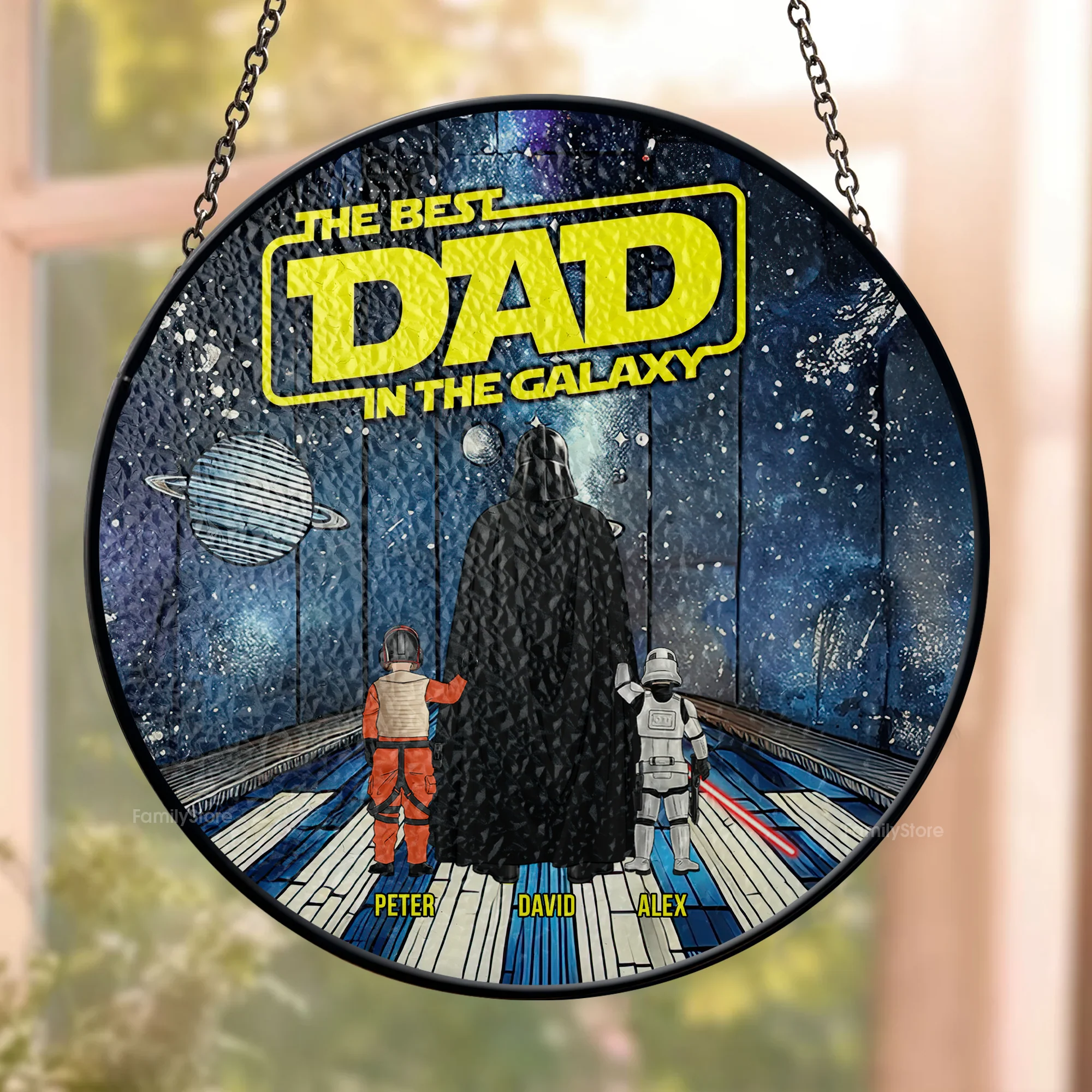 Best Dad In The Galaxy - Personalized Stained Glass Window Hanging Suncatcher - Gift for Dad