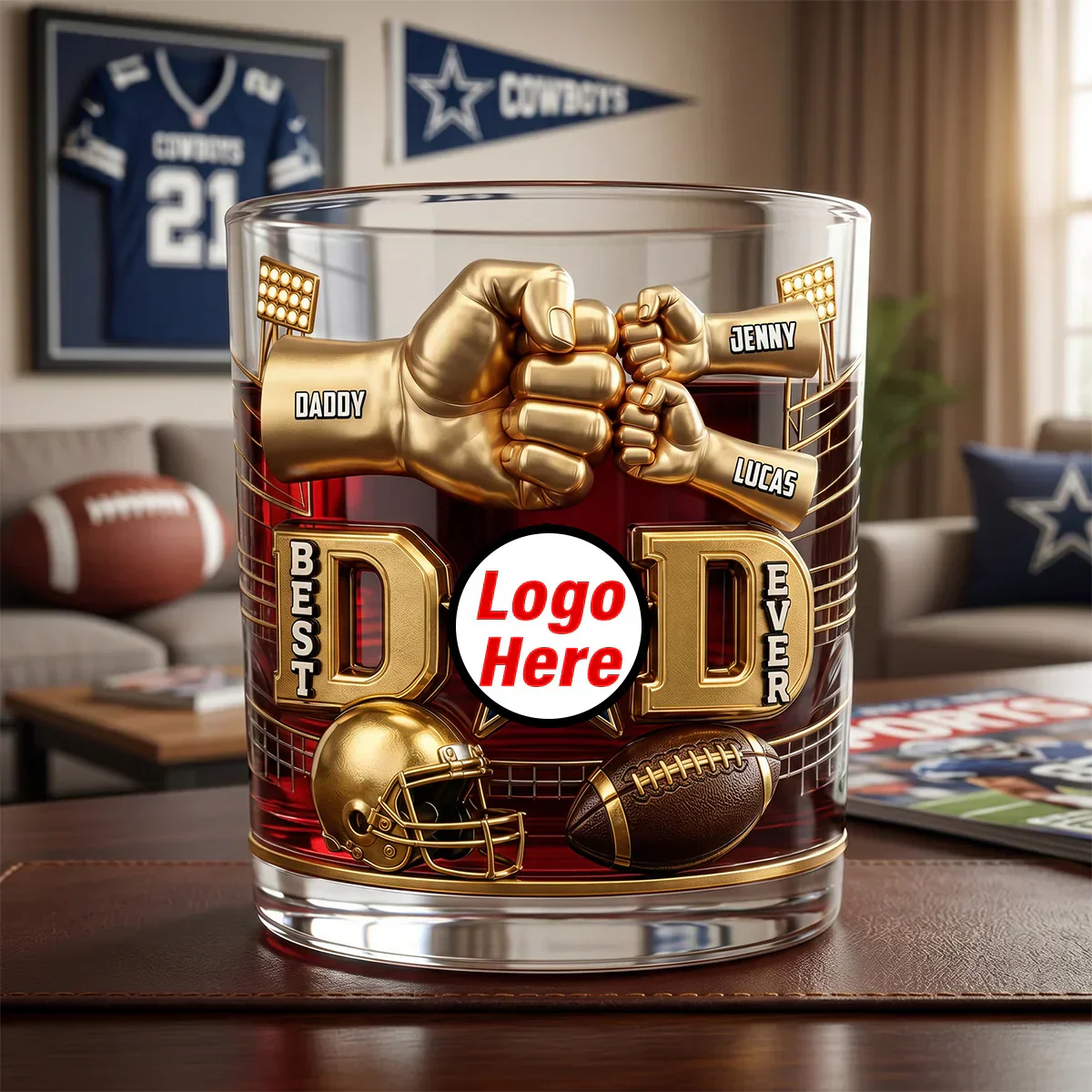 Best Football Sport Dad -Personalized Whiskey Glass - Football Gift For Dad