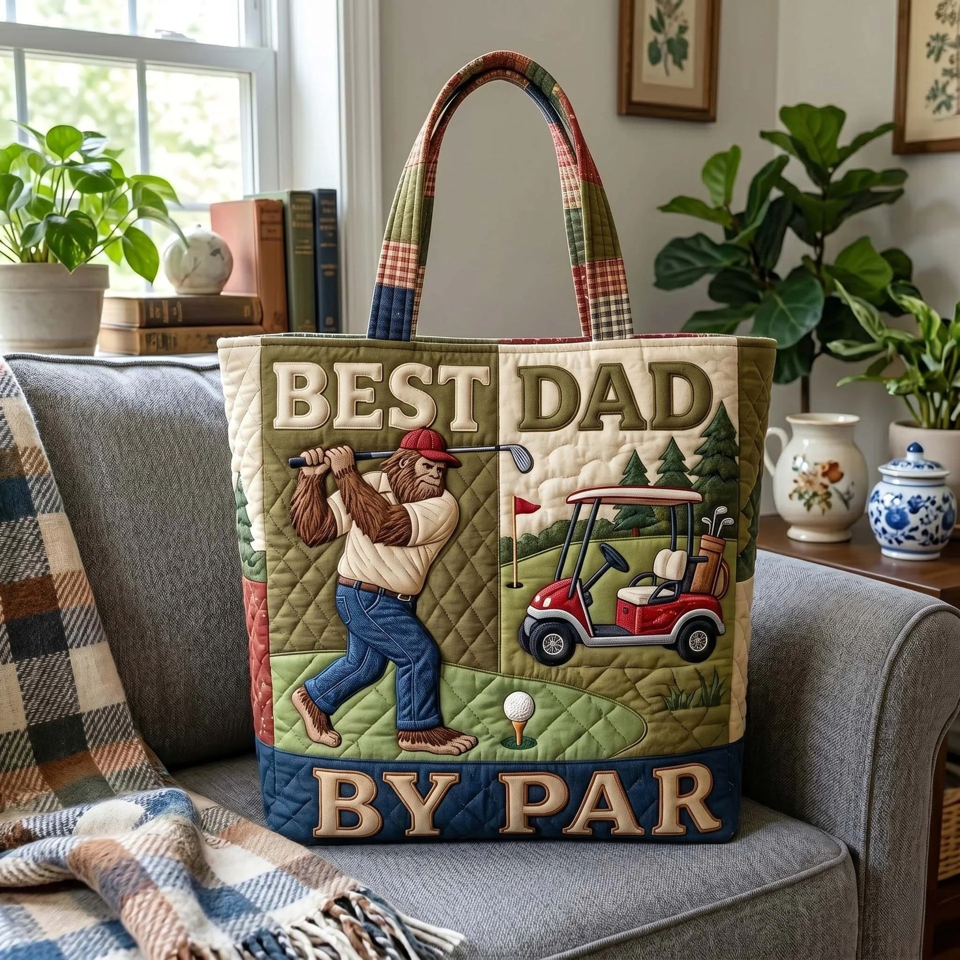 Best Sasquatch Dad By Par - Personalized Patriotic Quilted Tote Bag - Gift For Dad, Golf Lovers