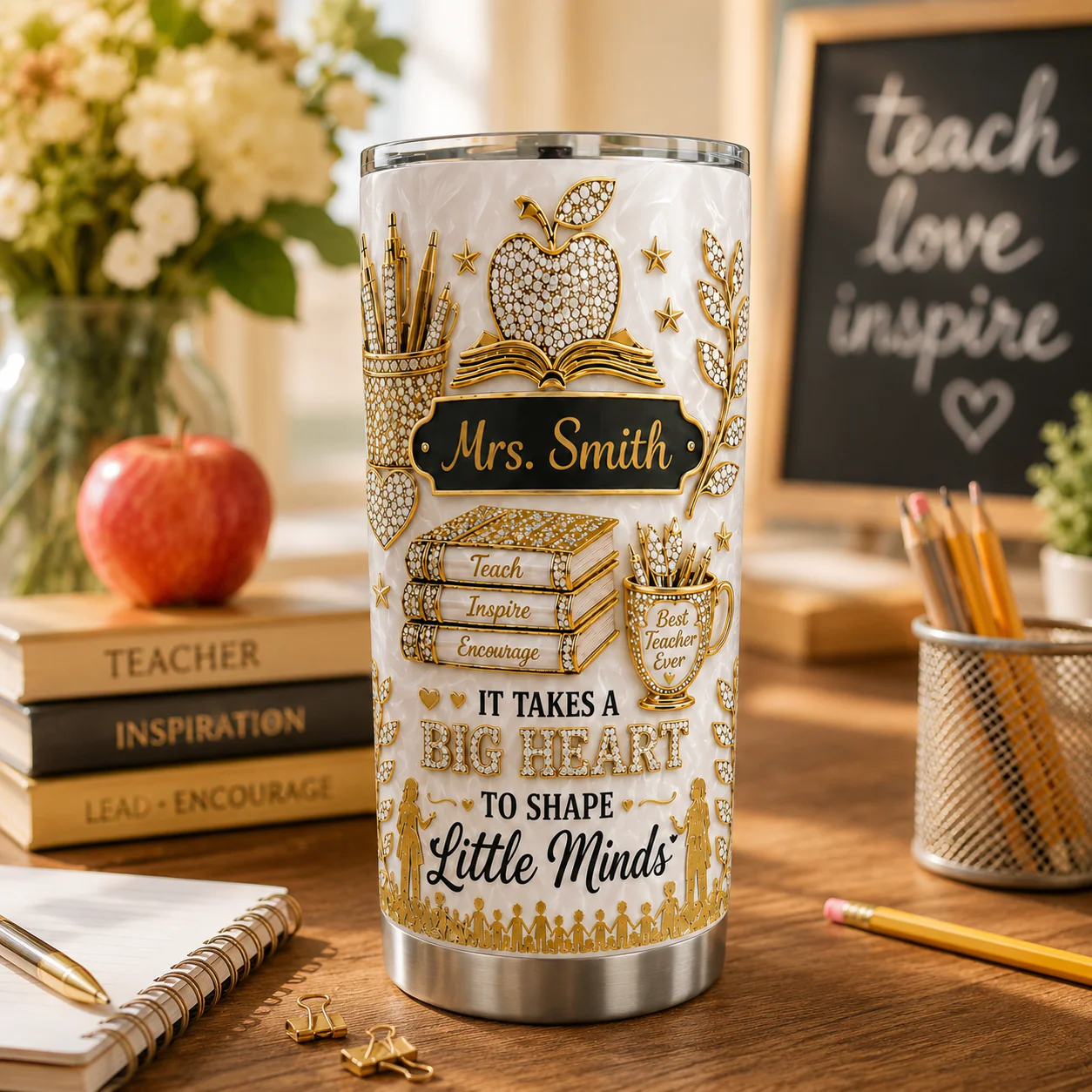 Best Teacher Ever It Takes A Big Heart To Shape Little Minds - Personalized Stainless Steel Tumbler - Gift For Teacher - Image 2