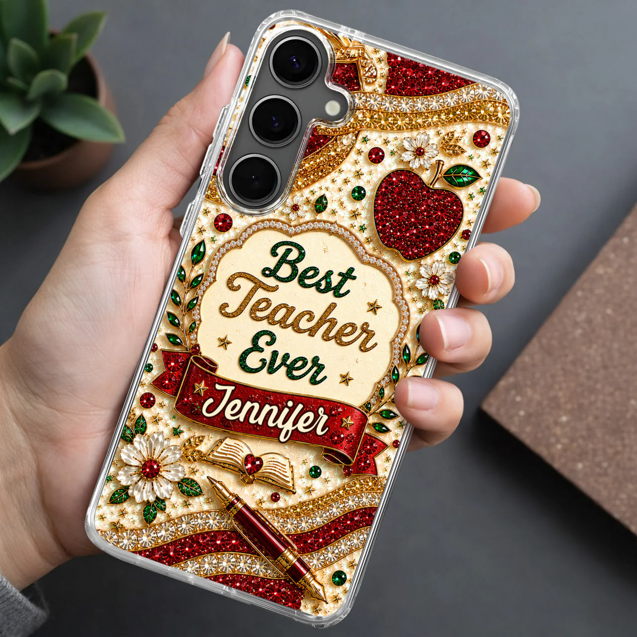 Best Teacher Ever With Apple Pen And Flowers - Personalized Bling Phone Case - Gifts For Teacher - Image 3