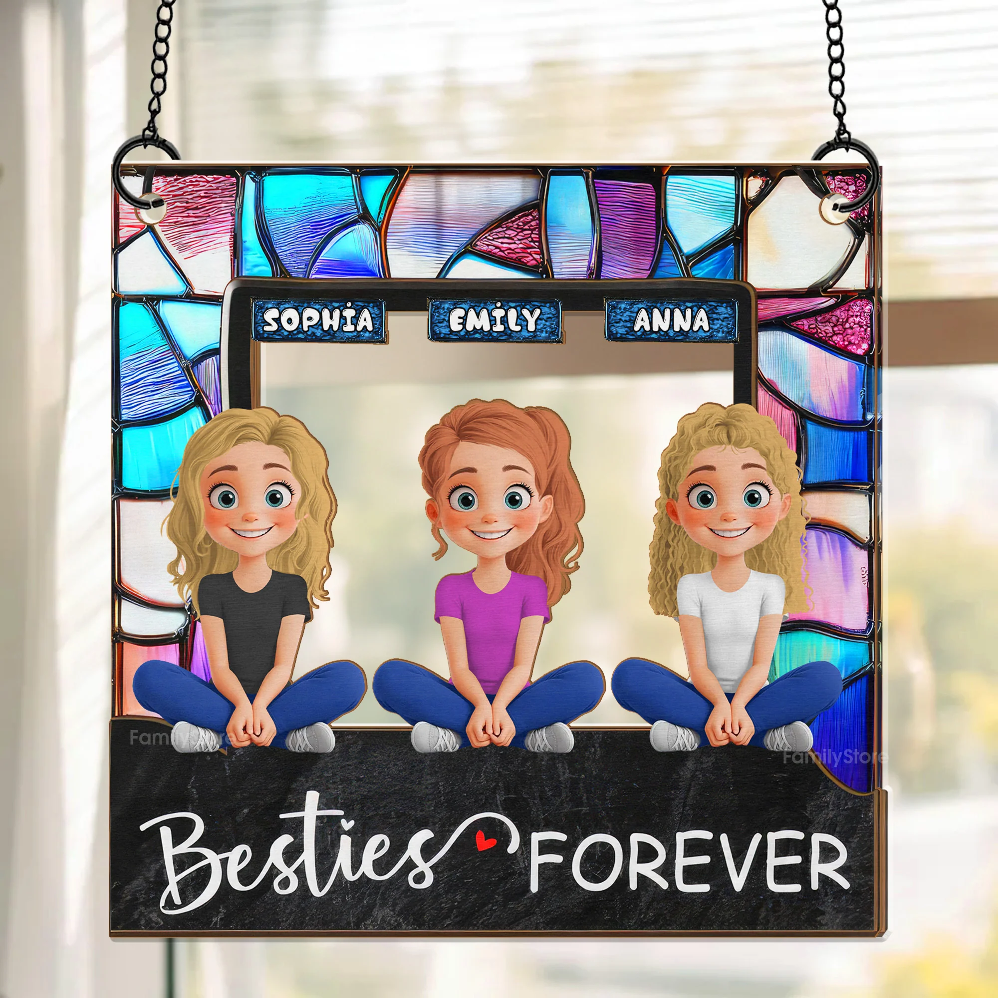 Besties Forever Colorful Glass Pattern - Personalized Window Hanging Window Hanging Suncatcher Ornament - GIft For Besties, Sisters, Friends | GR25 NA94