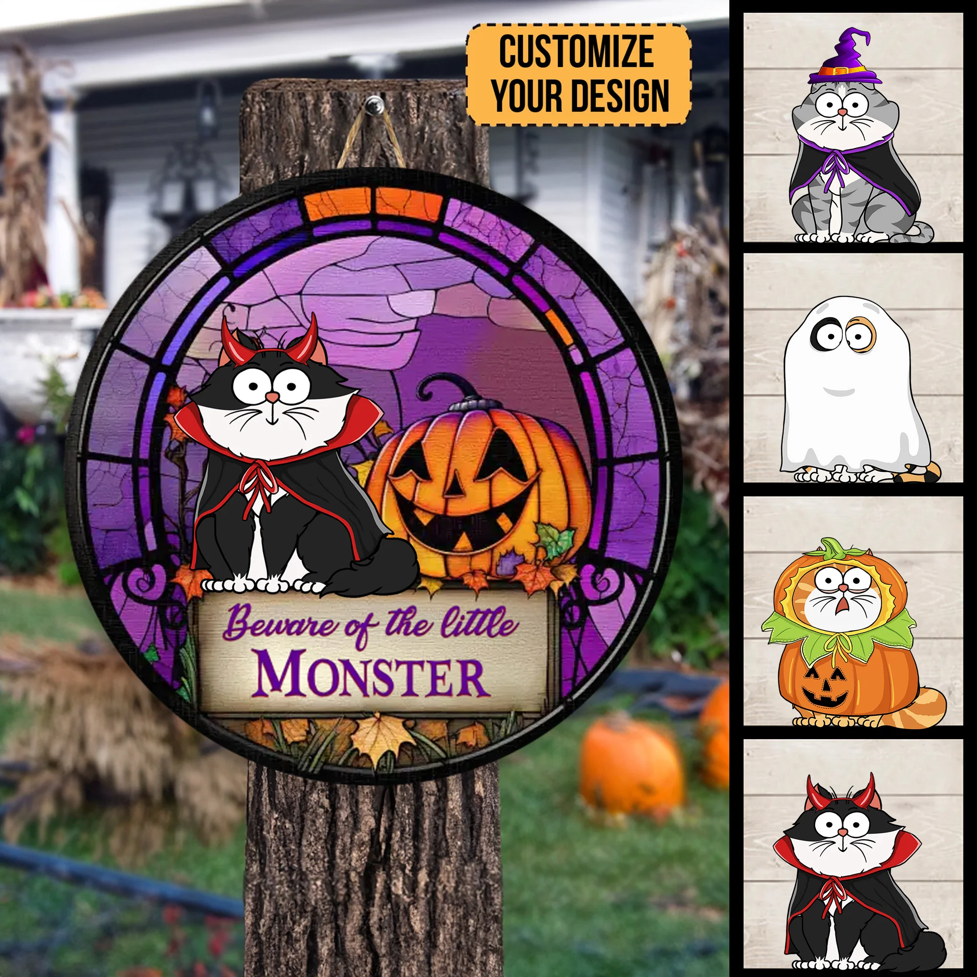 Beware Of The Little Monster - Halloween Gift For Cat Lover - Personalized Custom Wood Sign - CLP01 NH96 - Image 2