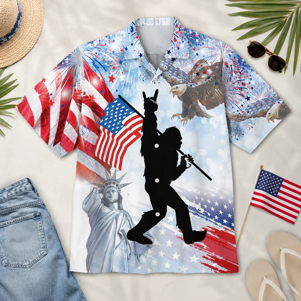 Bigfoot American Flag - Hawaiian Shirt - Gift for Patriots - Image 2