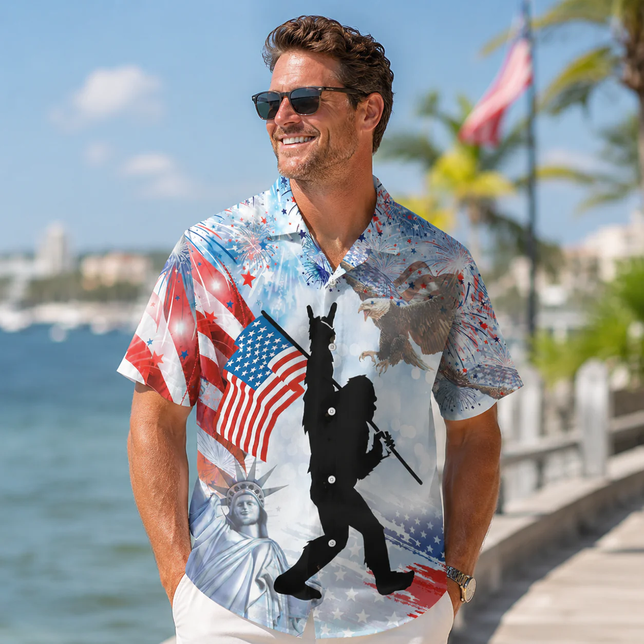 Bigfoot American Flag - Hawaiian Shirt - Gift for Patriots - Image 3