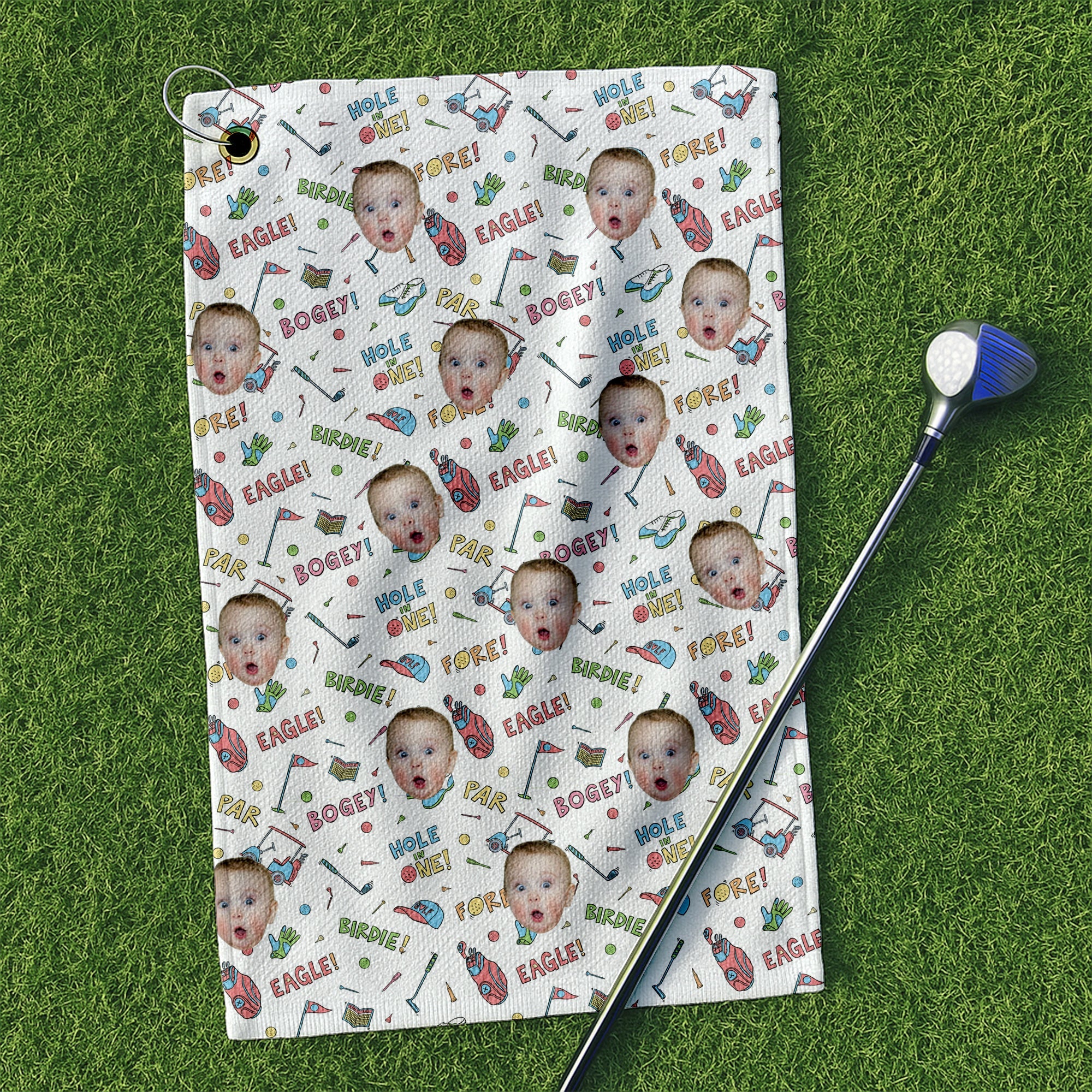 Birdie Bogey Eagle Par Custom Face - Personalized Golf Towel - Gift For Dad, Grandpa, Golf Lovers