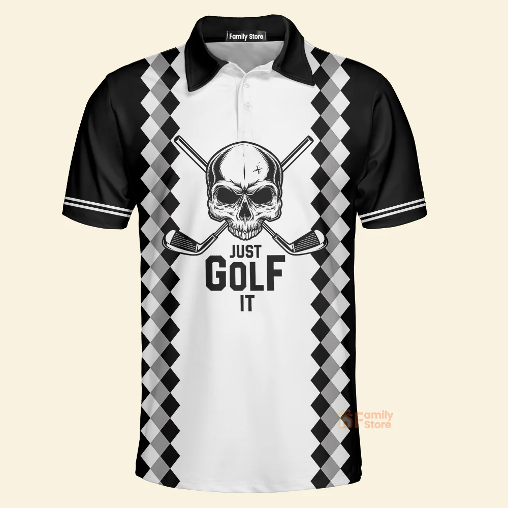 Black And White Argyle Pattern Just Golf It Skull Golf - Men Polo - Image 3