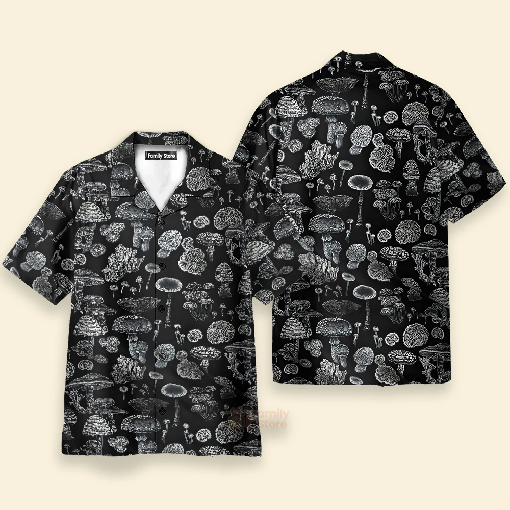 Black And White Casual Mushroom Hawaiian Shirt - For Men & Women - Image 2