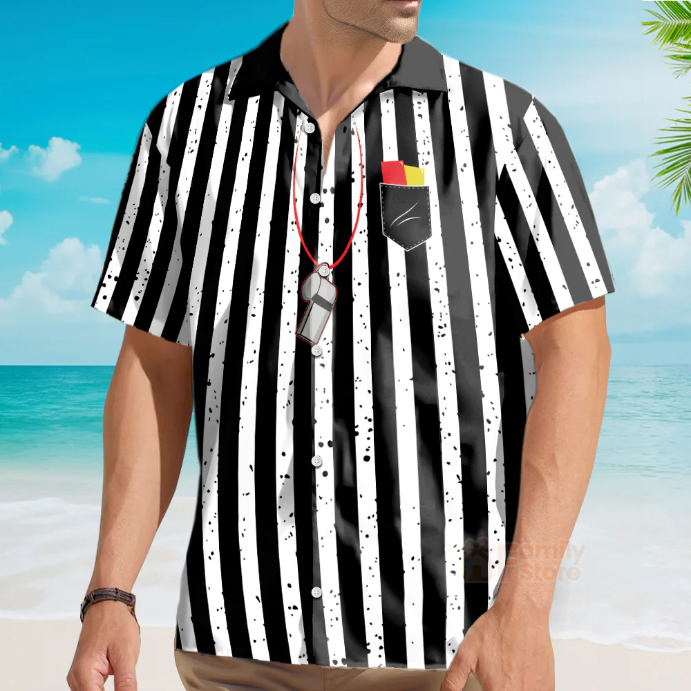 Black And White Striped Referee Uniform Printing Short Sleeve Hawaiian Shirt - Image 3