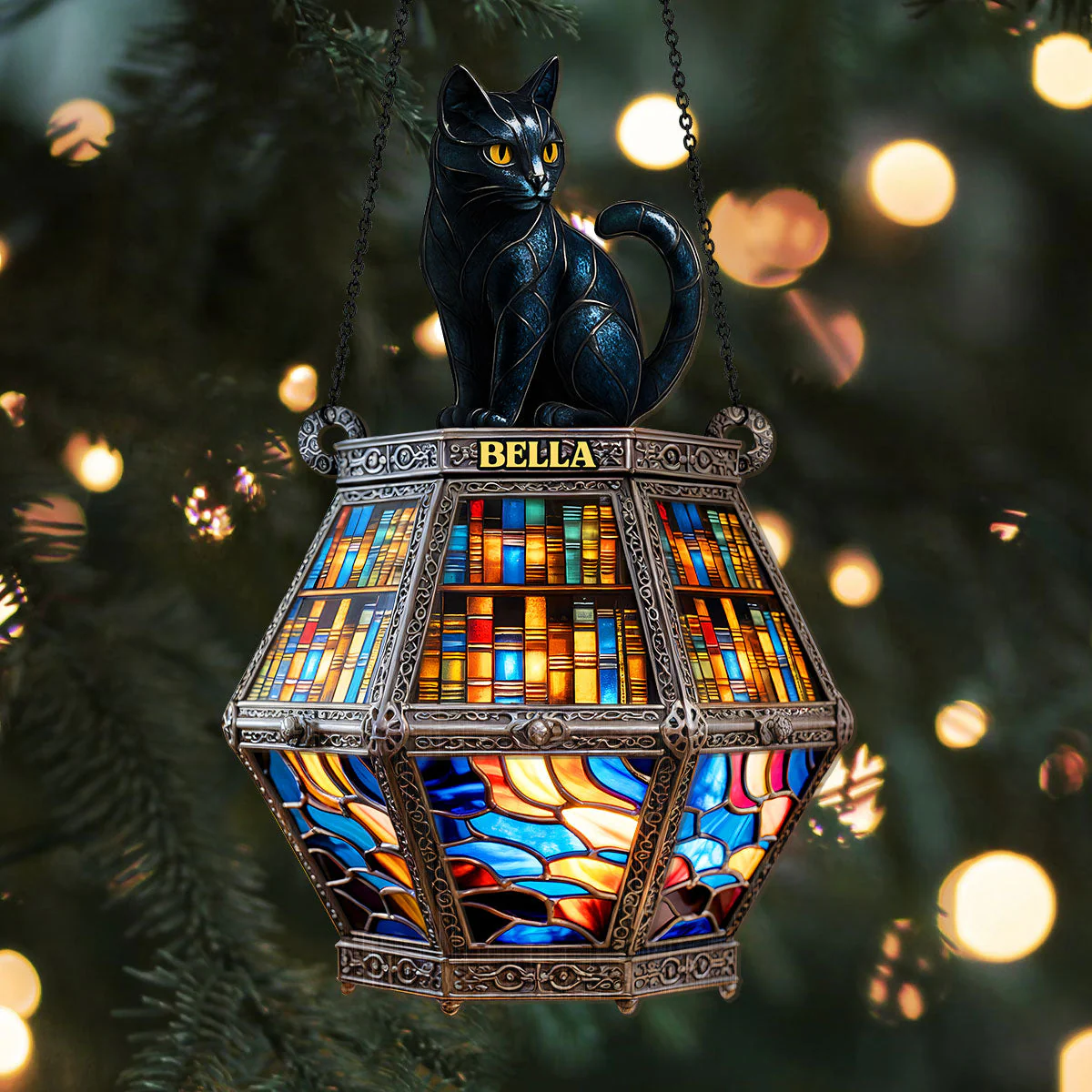 Black Cat On Old Library - Personalized Window Hanging Suncatcher - Image 5