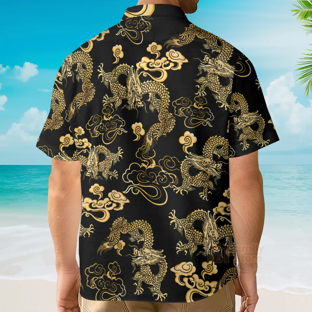 Black Gold Oriental Dragon Hawaiian Shirt - Image 5
