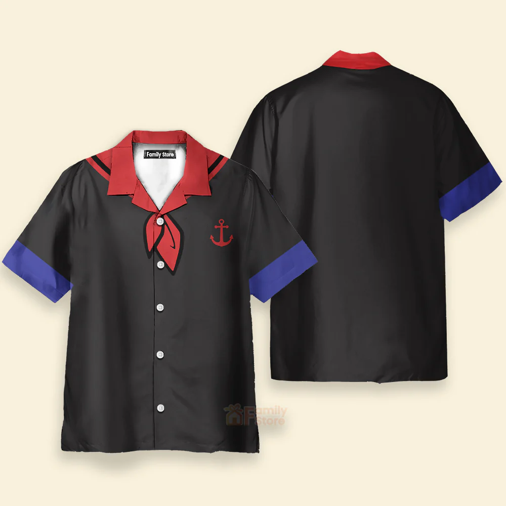 Black Popeye Dress Up Red Bow Tie Print Short Sleeve Aloha Hawaiian Shirt - Image 2