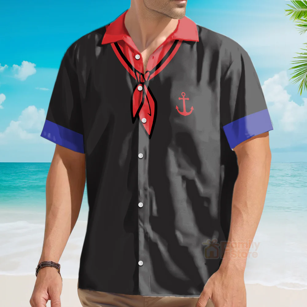 Black Popeye Dress Up Red Bow Tie Print Short Sleeve Aloha Hawaiian Shirt - Image 3