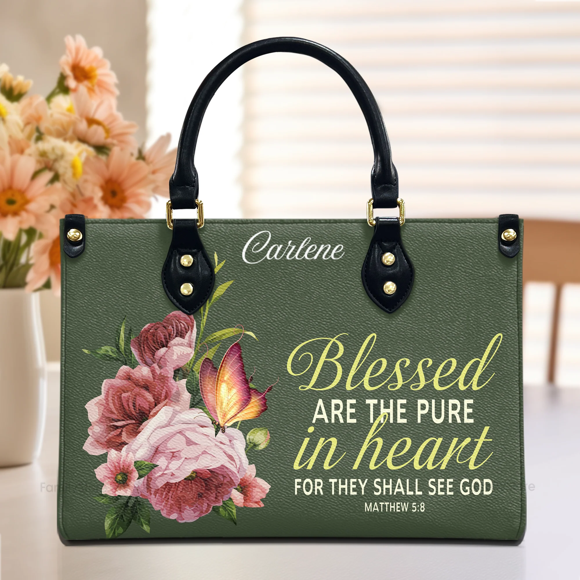 Blessed Are The Pure In Heart Matthew 5:8 - Thoughtful Gift For Christians - Personalized Leather Handbag With Handle - AT4080845