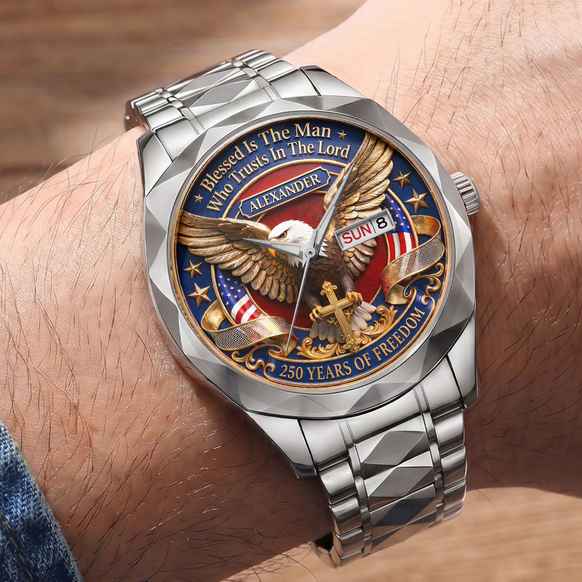 Blessed Is The Man Who Trusts In The Lord - Personalized Men's Wrist Watch - Patriotic Gift For Him - Image 2
