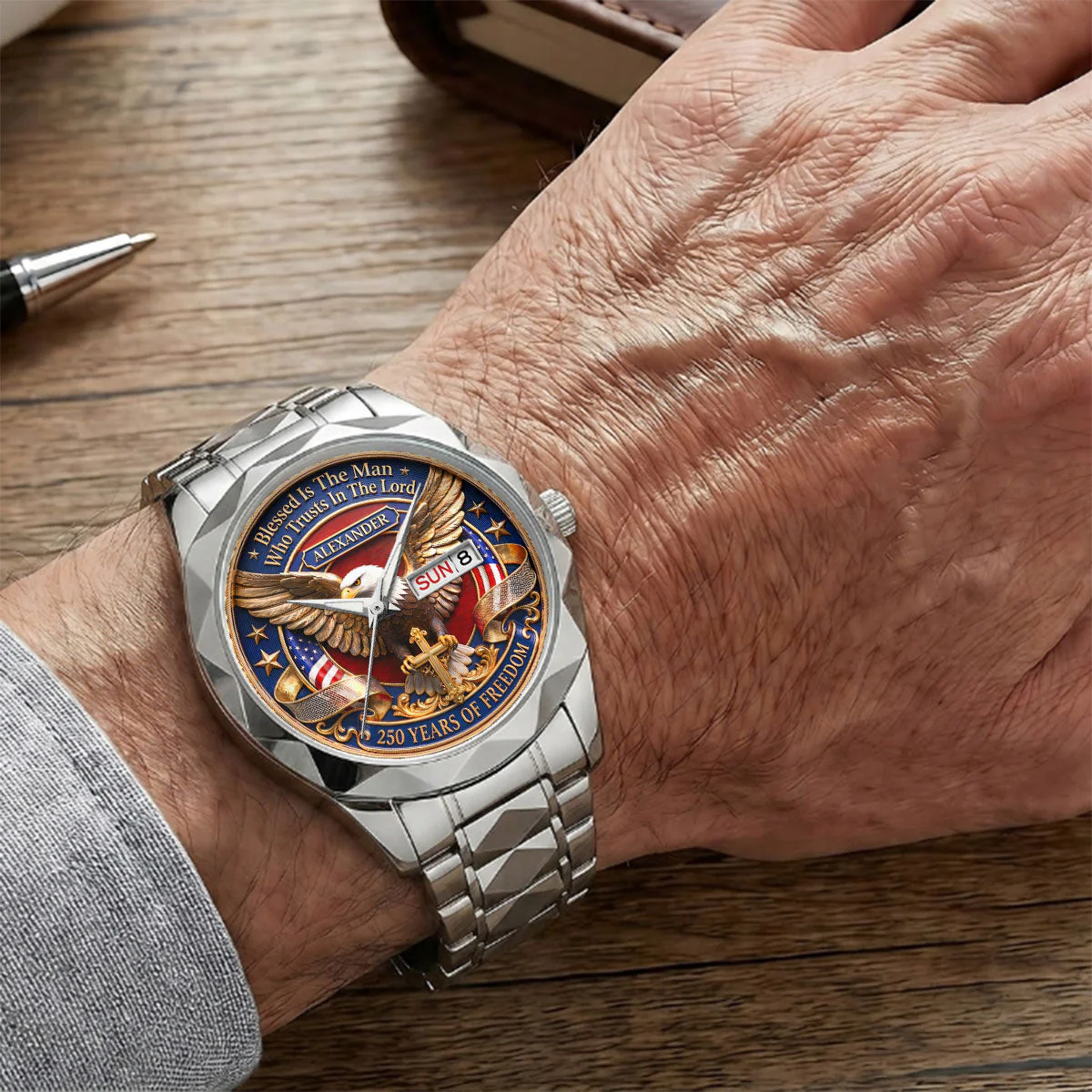Blessed Is The Man Who Trusts In The Lord - Personalized Men's Wrist Watch - Patriotic Gift For Him - Image 7