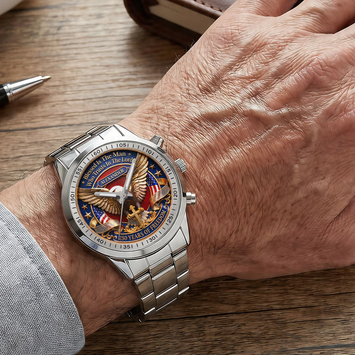 Blessed Is The Man Who Trusts In The Lord - Personalized Men's Wrist Watch - Patriotic Gift For Him - Image 8