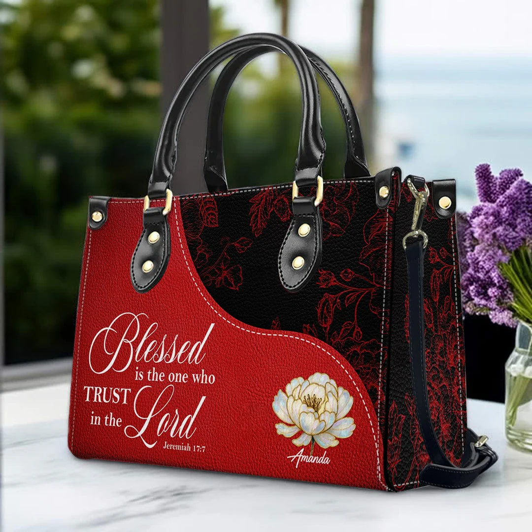 Blessed Is The One Who Trust In The Lord - Personalized Red Leather Handbag with Custom Name - Gift For Her