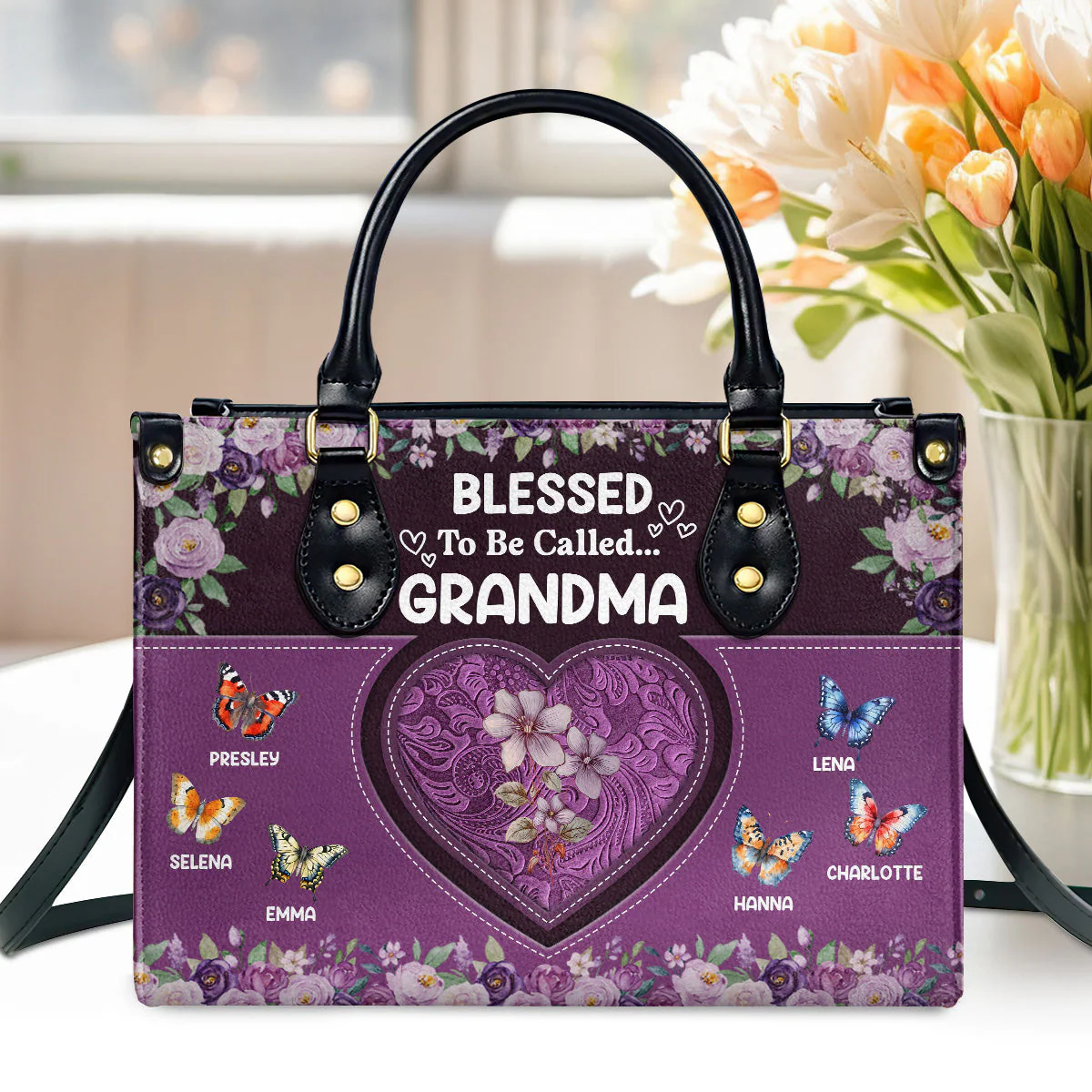 Blessed To Be Called Grandma Butterfly - Personalized Leather Handbag - Gift For Grandma HL128