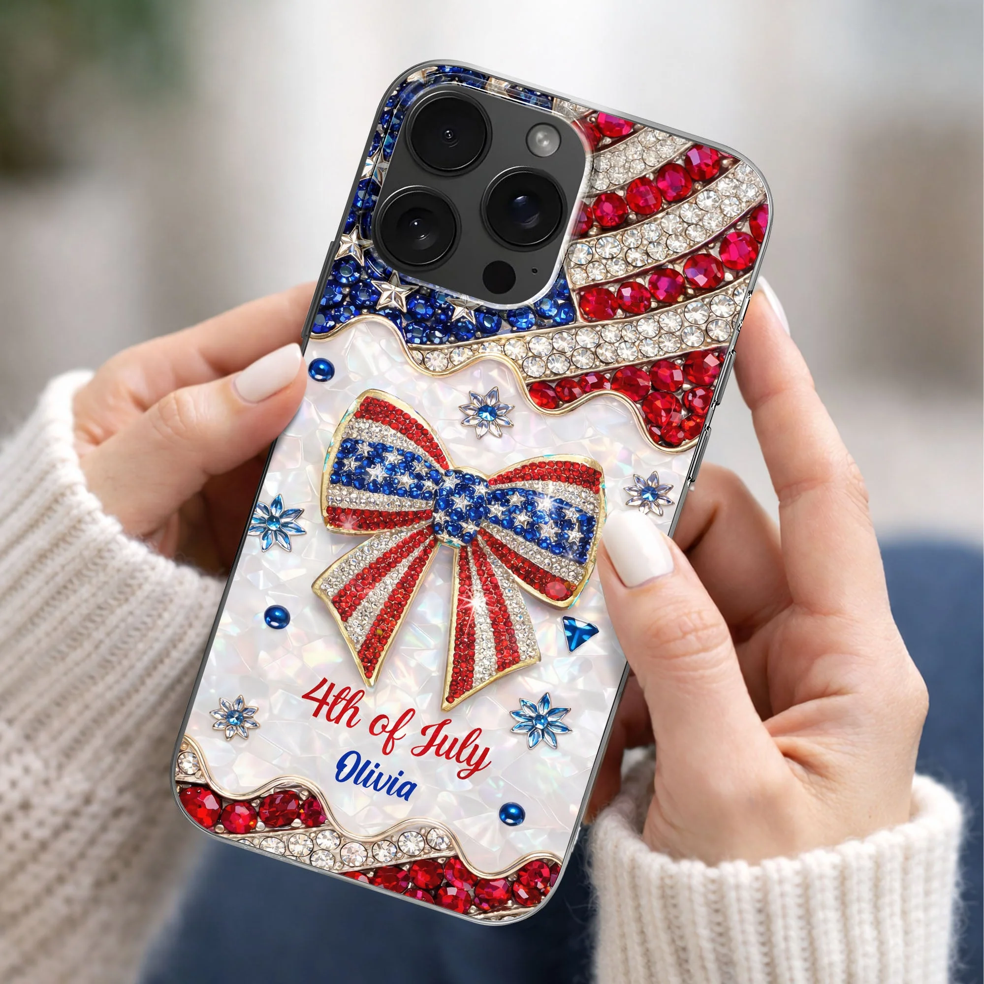 Bling Rhinestone American Flag 4th of July - Personalized Phone Case - Gift For Patriotic Women - Image 2