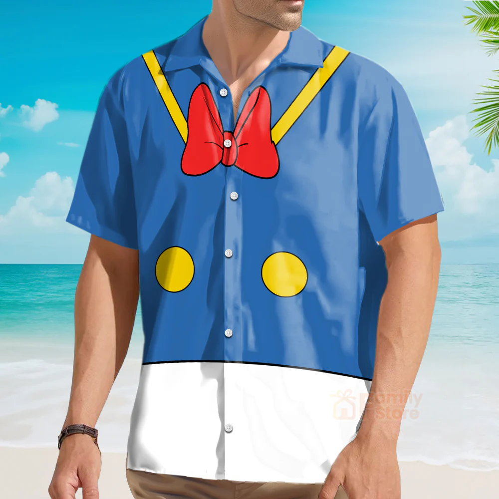 Blue And White Stitching Cartoon Duck Costume Hawaiian Shirt - Image 3