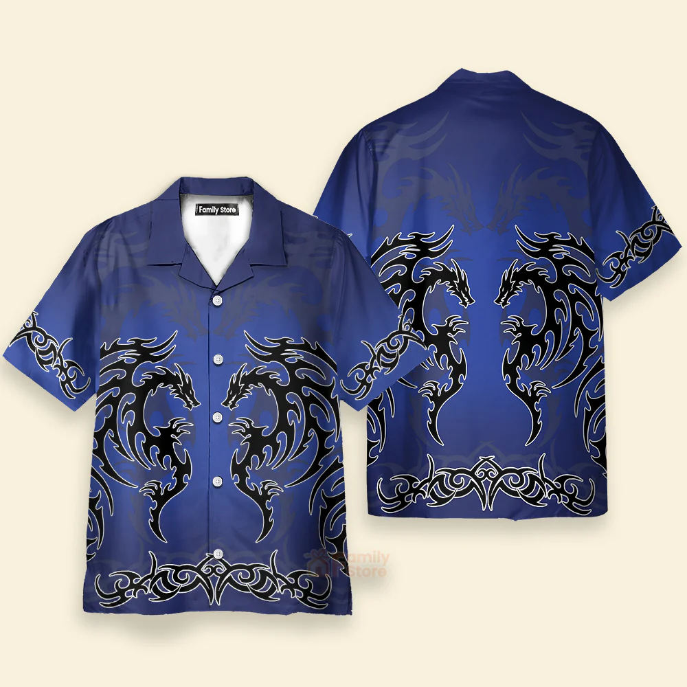 Fantasy Gothi Blue Tribal Dragon Tattoo Hawaiian Shirt - Image 2