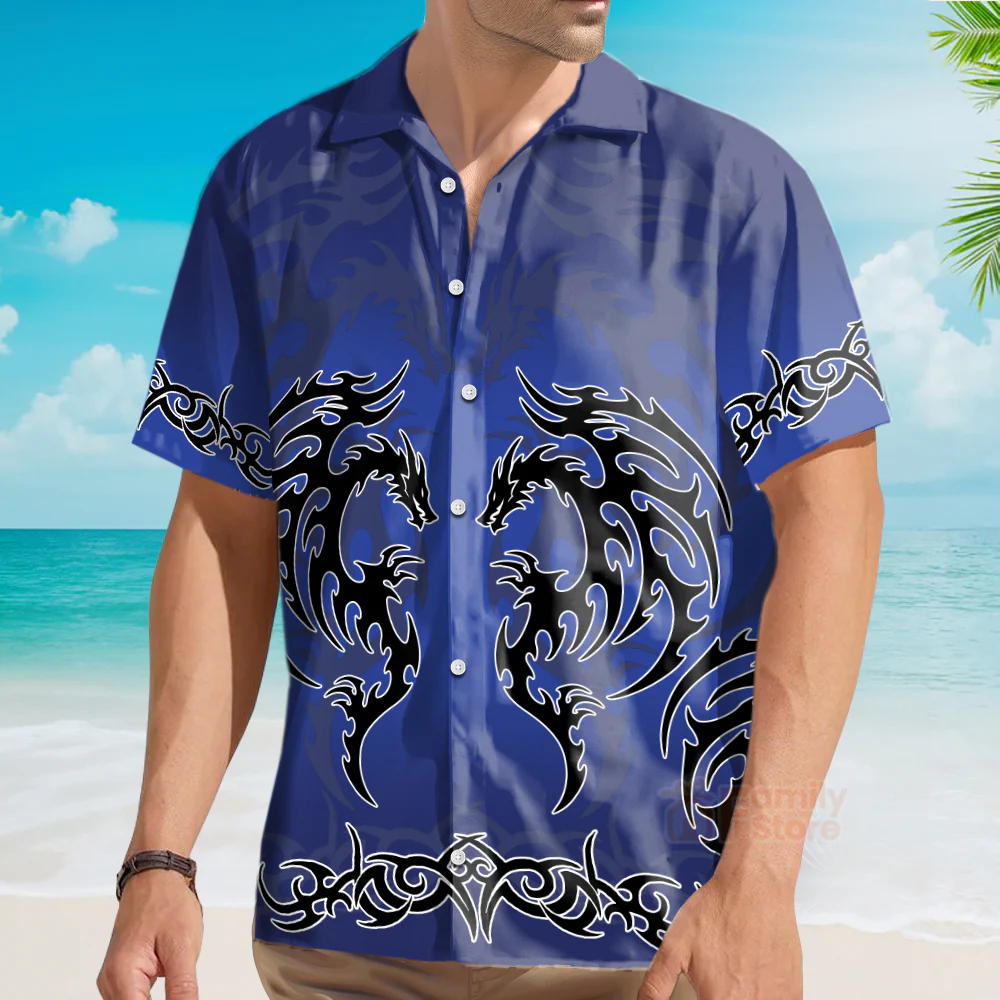 Fantasy Gothi Blue Tribal Dragon Tattoo Hawaiian Shirt - Image 3