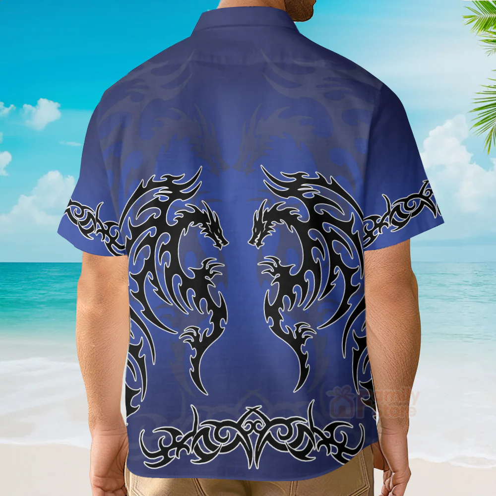 Fantasy Gothi Blue Tribal Dragon Tattoo Hawaiian Shirt - Image 4