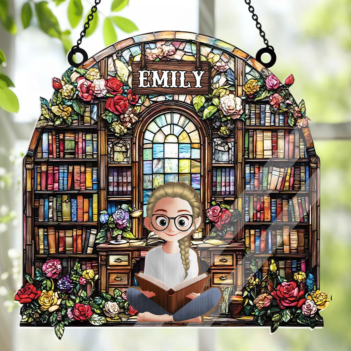 Book Lover’s Library Bookshelf Custom Character - Personalized Window Hanging Suncatcher | CLB2 - Image 4