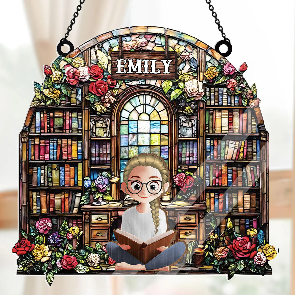 Book Lover’s Library Bookshelf Custom Character - Personalized Window Hanging Suncatcher | CLB2 - Image 5