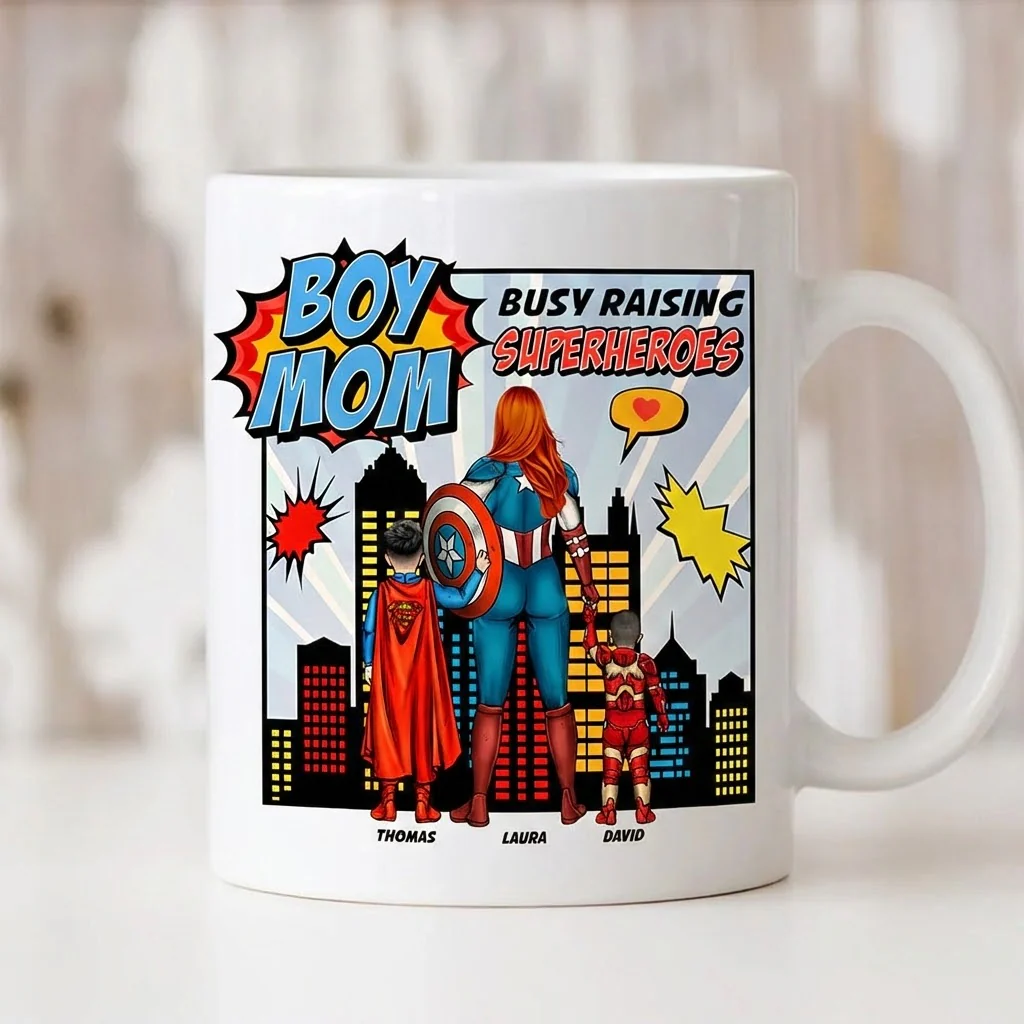 Boy Mom Busy Raising Superheroes - Personalized Ceramic Mug - Gift For Mom
