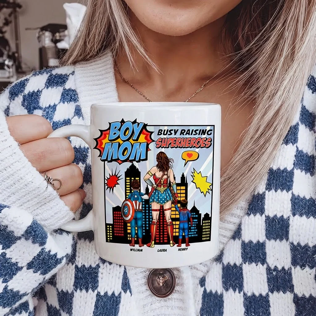Boy Mom Busy Raising Superheroes - Personalized Ceramic Mug - Gift For Mom - Image 3