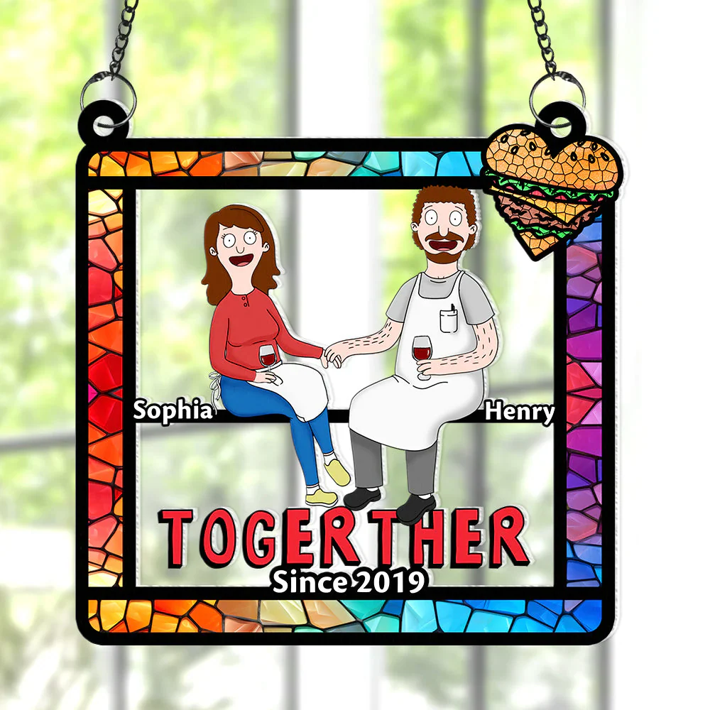 Burger Couple- Personalized Window Hanging Suncatcher Ornament - Gift For Couple, Husband Wife, Anniversary | CL55