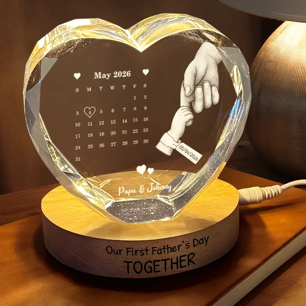 Calendar Hold Dad's Hand The Day You Became My Daddy - Personalized Crystal Heart Globe Lamp - Gift For Dad - Image 2