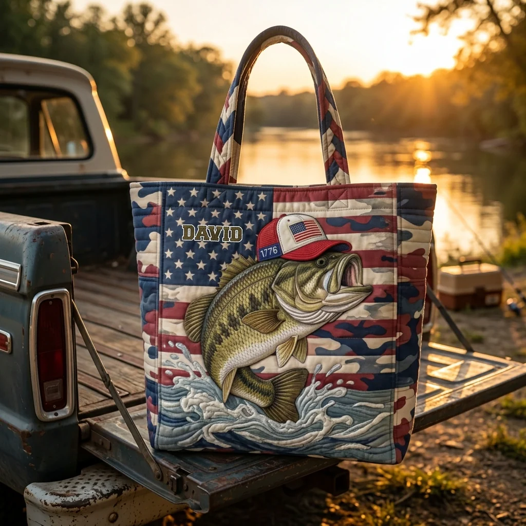 Camo American Flag Bass Fishing - Personalized Quilted Tote Bag - Patriotic Gift For Dad, Fishing Lovers - Image 3