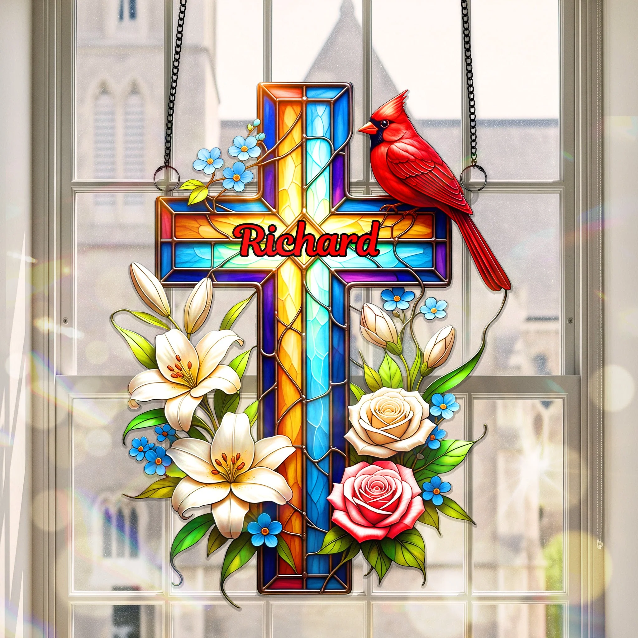 Cardinal Cross - Personalized Suncatcher Ornament - Christmas Gifts For Memorial Human HH01