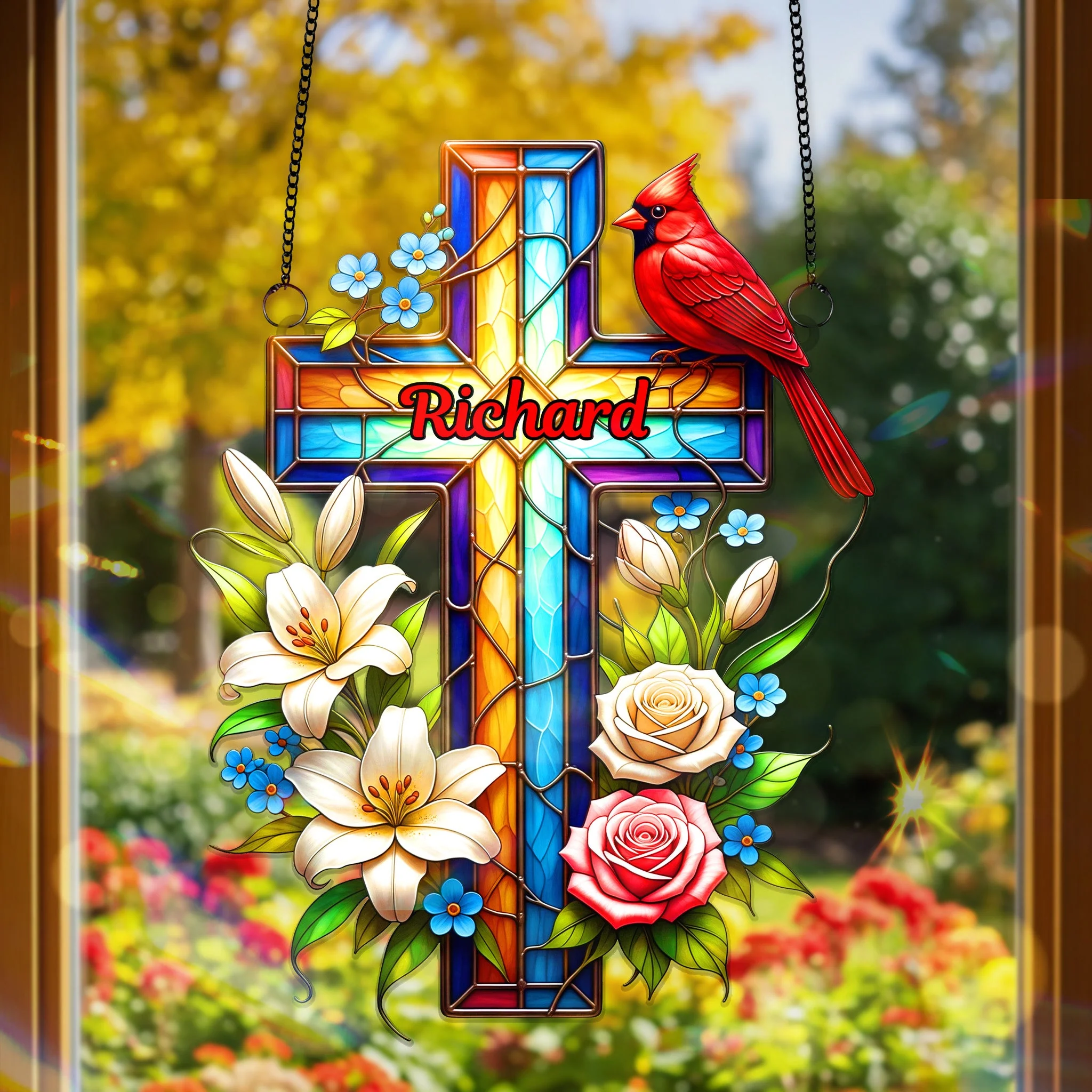 Cardinal Cross - Personalized Suncatcher Ornament - Christmas Gifts For Memorial Human HH01 - Image 2