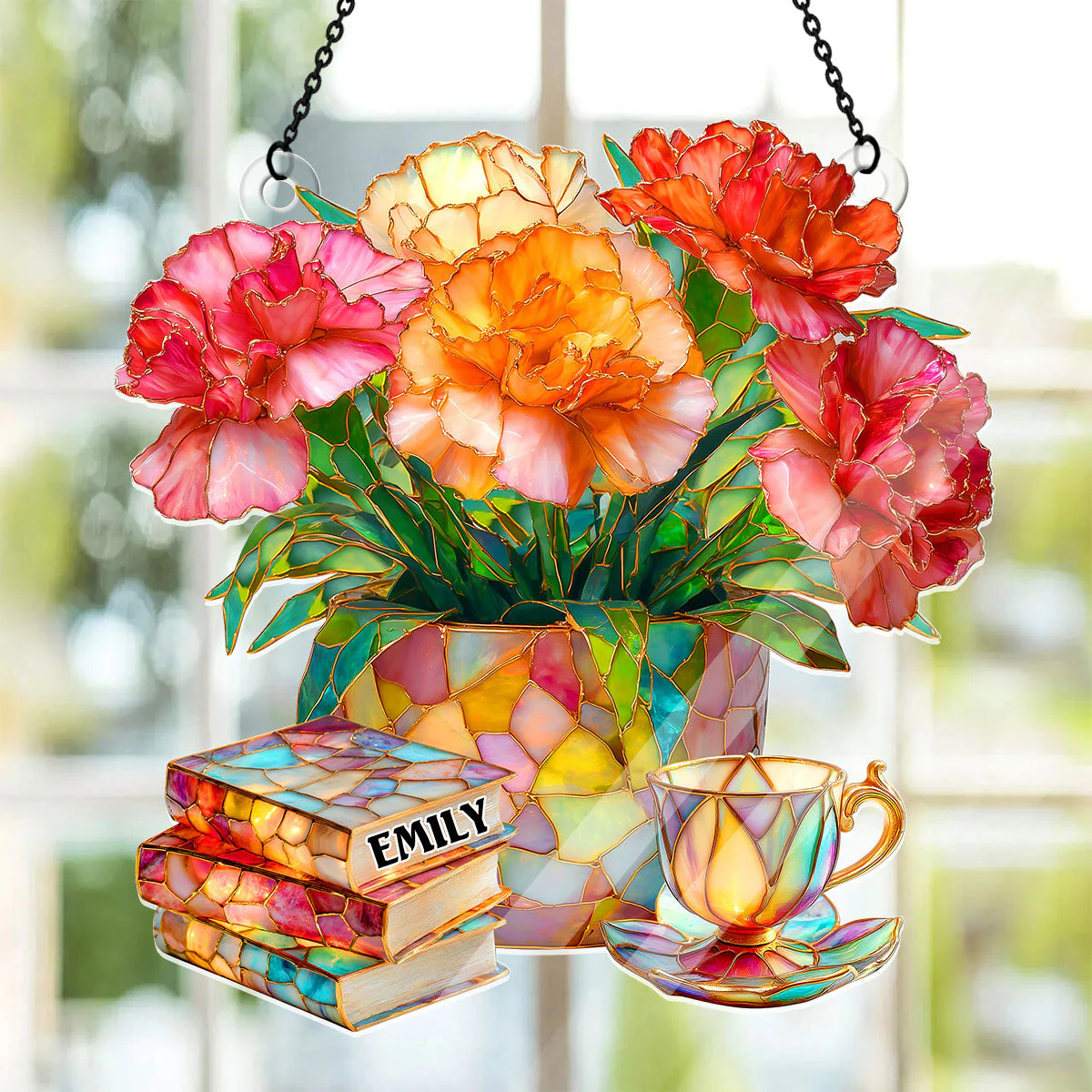 Carnation, Books, And Tea - Personalized Acrylic Suncatcher - Gift For Book Lovers, Her | HH01