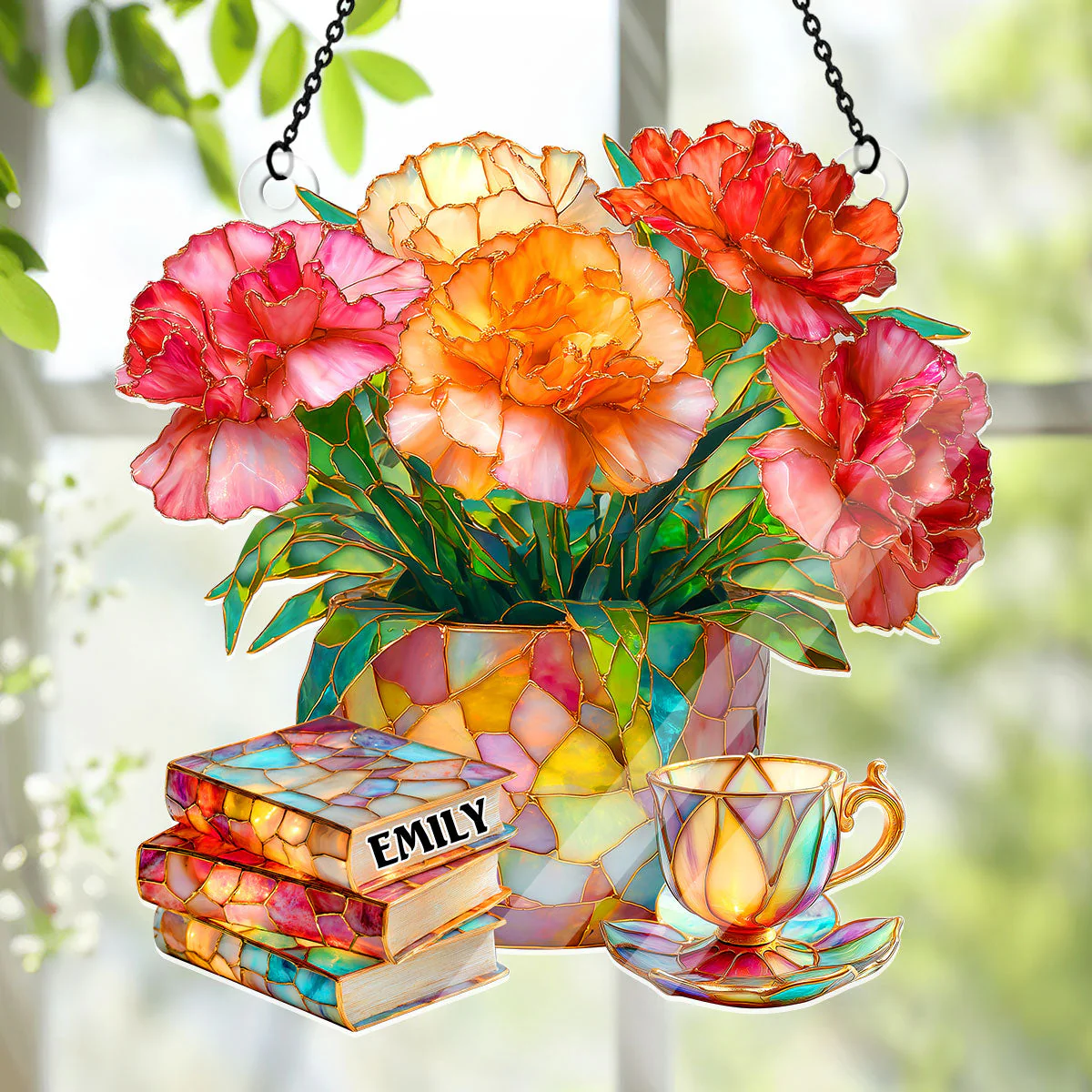 Carnation, Books, And Tea - Personalized Acrylic Suncatcher - Gift For Book Lovers, Her | HH01 - Image 4