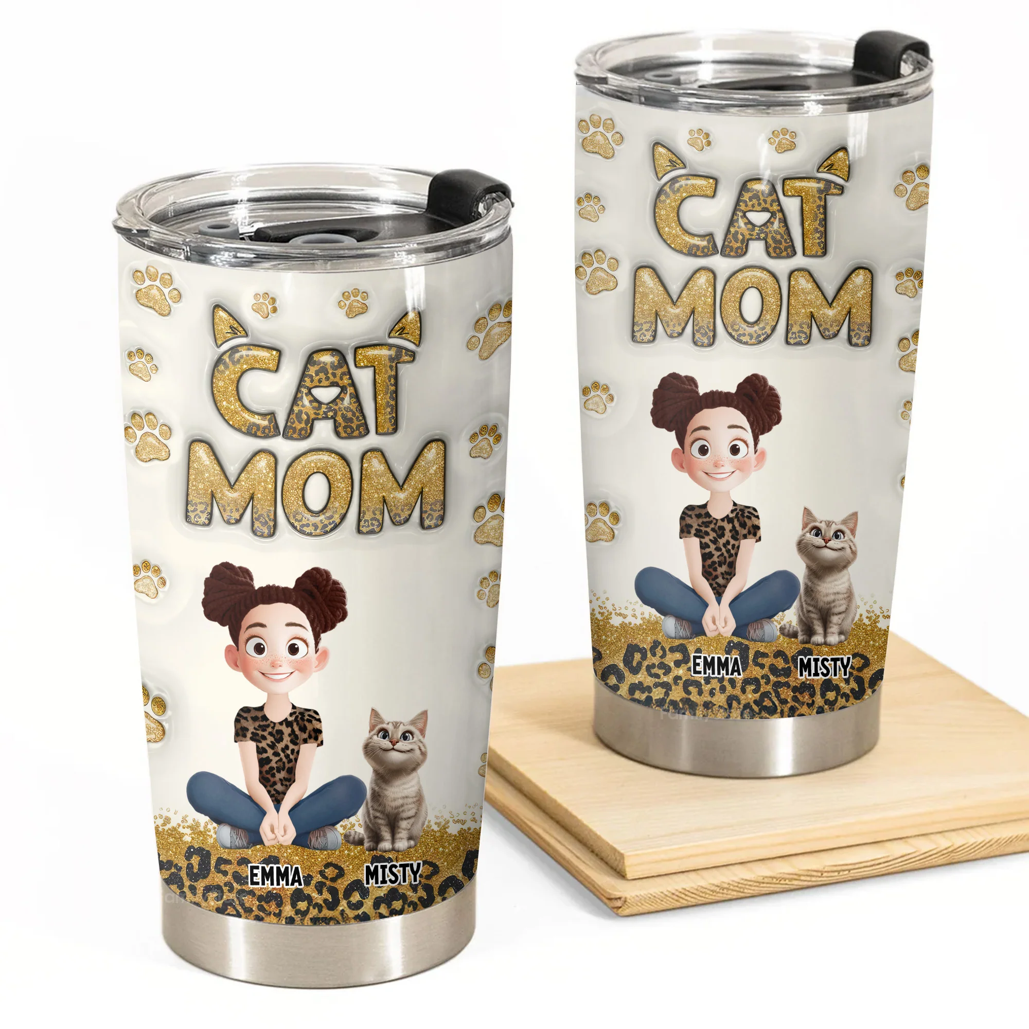 Cat Mom Leopard 3D Inflated Effect Cartoon Cat - Personalized Tumbler Cup - Gift for Pet Owners, Pet Lovers, Cat Mom | CLP15 NH96