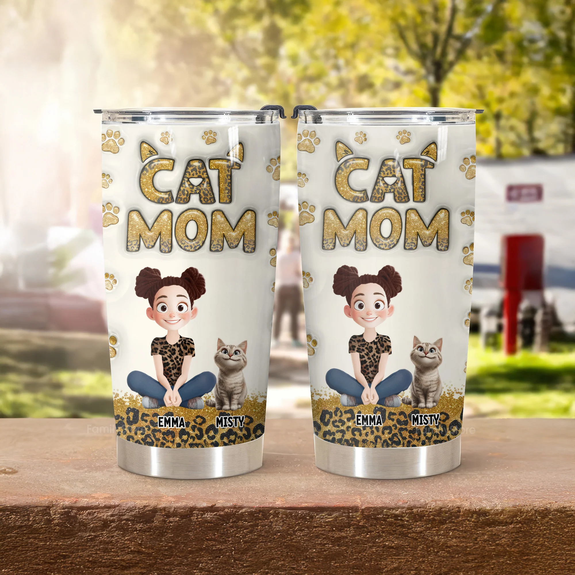 Cat Mom Leopard 3D Inflated Effect Cartoon Cat - Personalized Tumbler Cup - Gift for Pet Owners, Pet Lovers, Cat Mom | CLP15 NH96 - Image 3