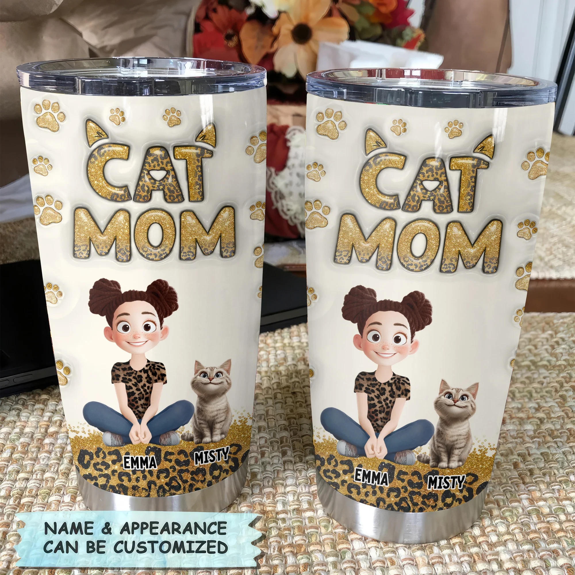 Cat Mom Leopard 3D Inflated Effect Cartoon Cat - Personalized Tumbler Cup - Gift for Pet Owners, Pet Lovers, Cat Mom | CLP15 NH96 - Image 4