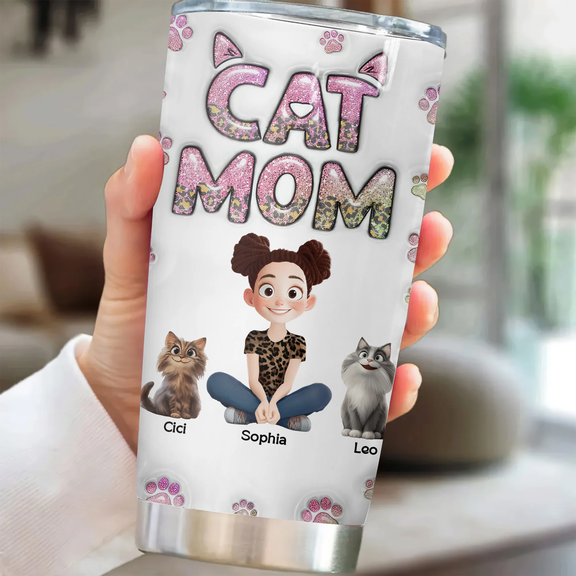 Cat Mom Lovely 3D Inflated Effect Cartoon Cat - Personalized Tumbler Cup - Gift for Pet Owners, Pet Lovers, Cat Mom | CLP15 NH96 - Image 2