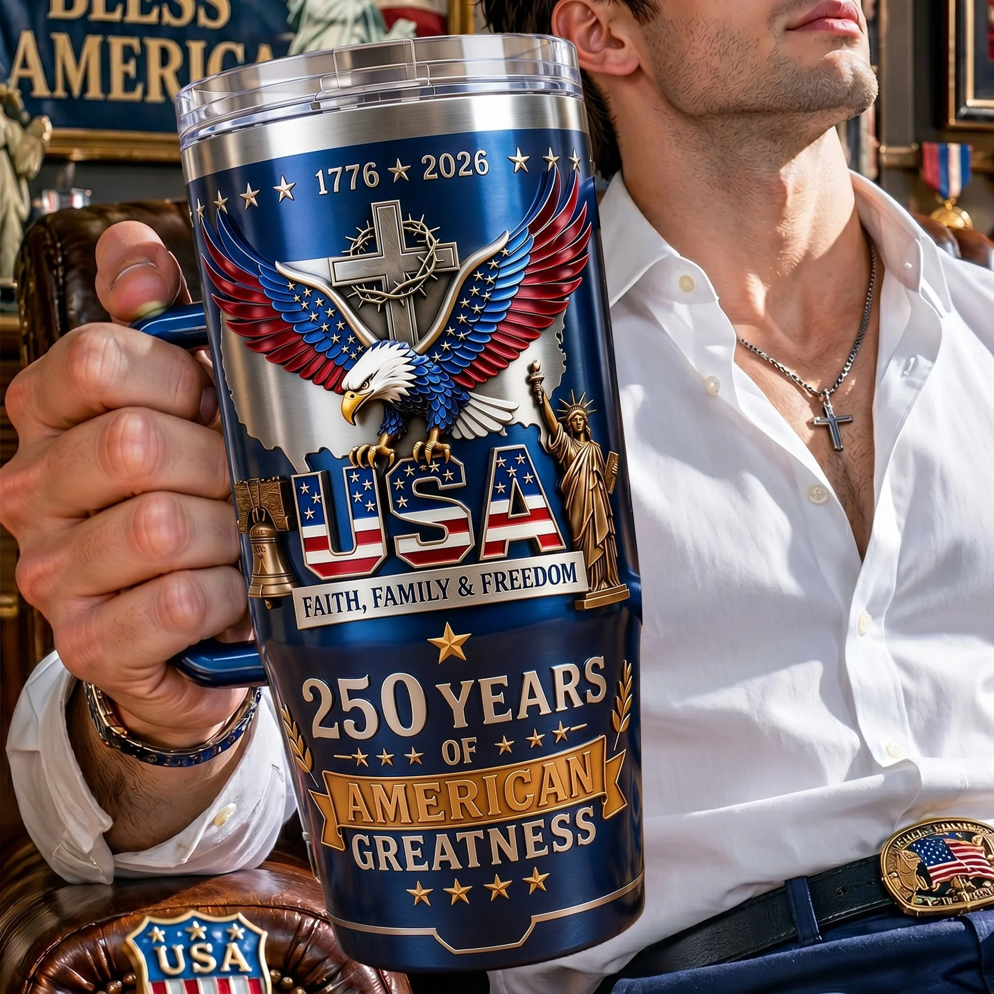 Celebrate 250 Years Of American Greatness - Personalized Tumbler With Handle - Gift For Patriots - Image 3