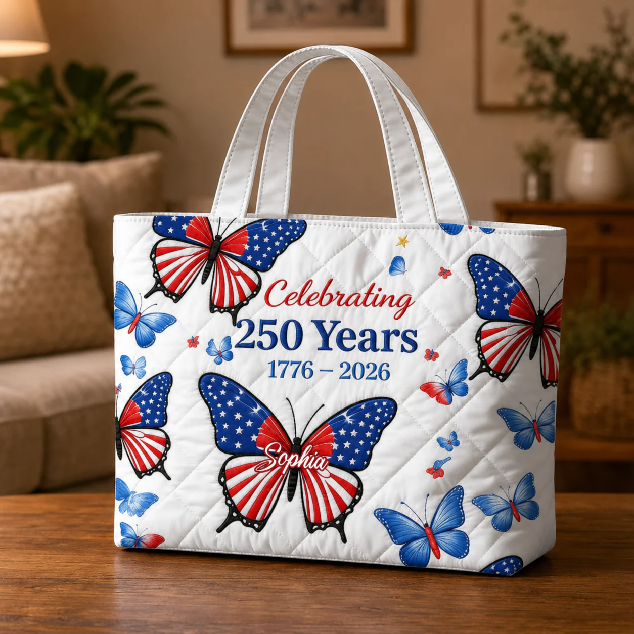 Celebrating 250 Years Floral Butterfly - Personalized Quilted Tote Bag - Patriotic Gift For Her - Image 2