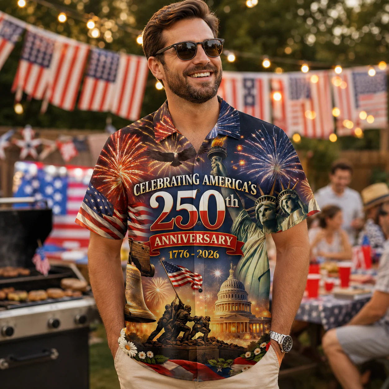 Celebrating America 250th Anniversary Liberty Fireworks - Hawaiian Shirt - Gift For Men, Patriots - Image 2