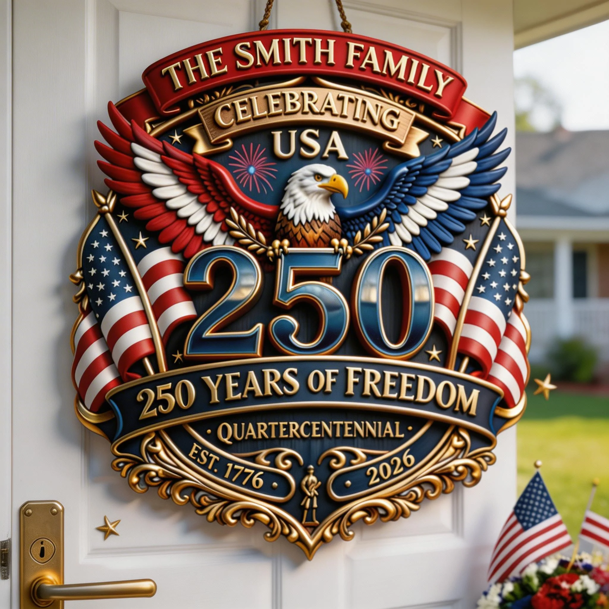 Celebrating USA 250 Years Of Freedom - Personalized Wood Sign - Patriotic Gift For Family | HN02