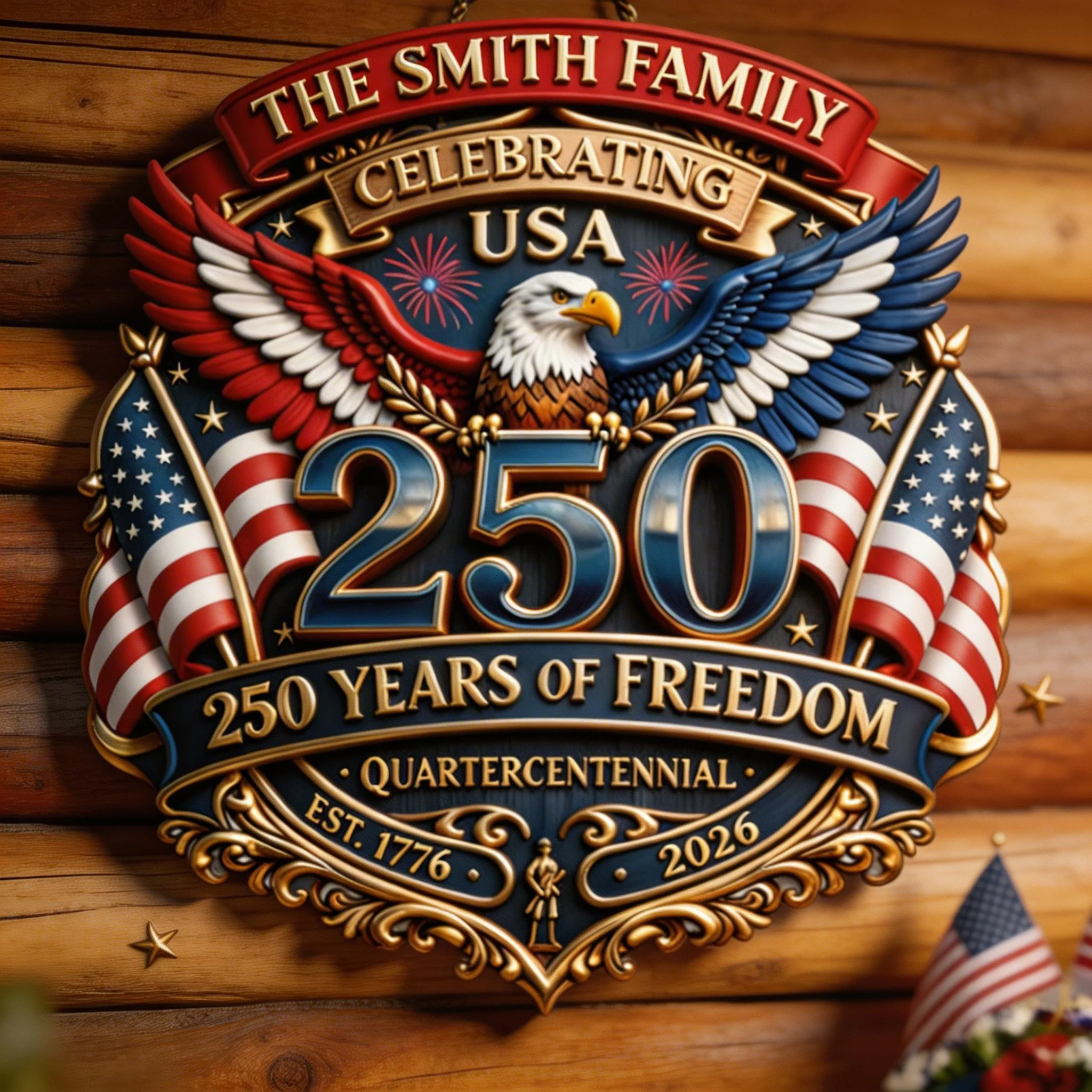 Celebrating USA 250 Years Of Freedom - Personalized Wood Sign - Patriotic Gift For Family | HN02 - Image 2