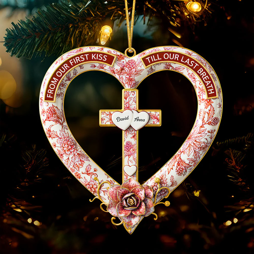 Christian Couple Christmas Toile De Jouy - Personalized Acrylic Ornament - Gift For Couple